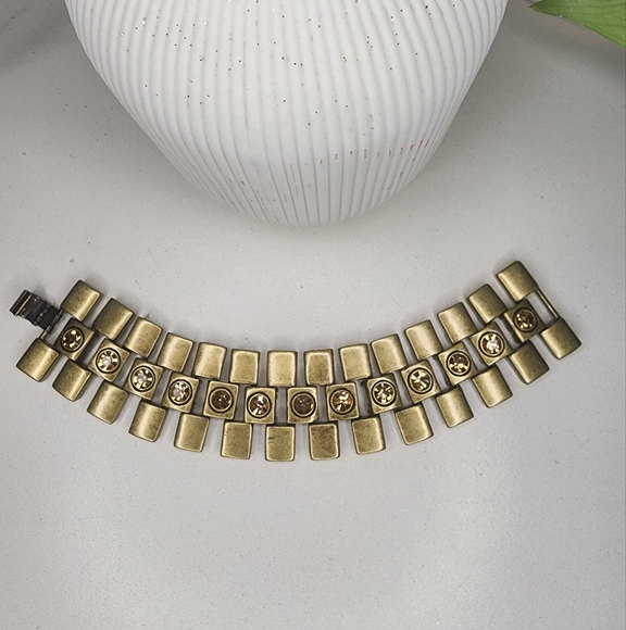 Tractor Tread Bracelet Topaz Rhinestones Golden Brass Metals - Picture 2 of 4